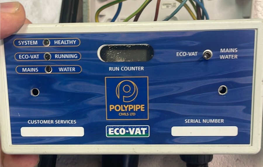 The EcoVat Rainwater Harvester Controller by Polypipe. Now discontinued but we can repair them.