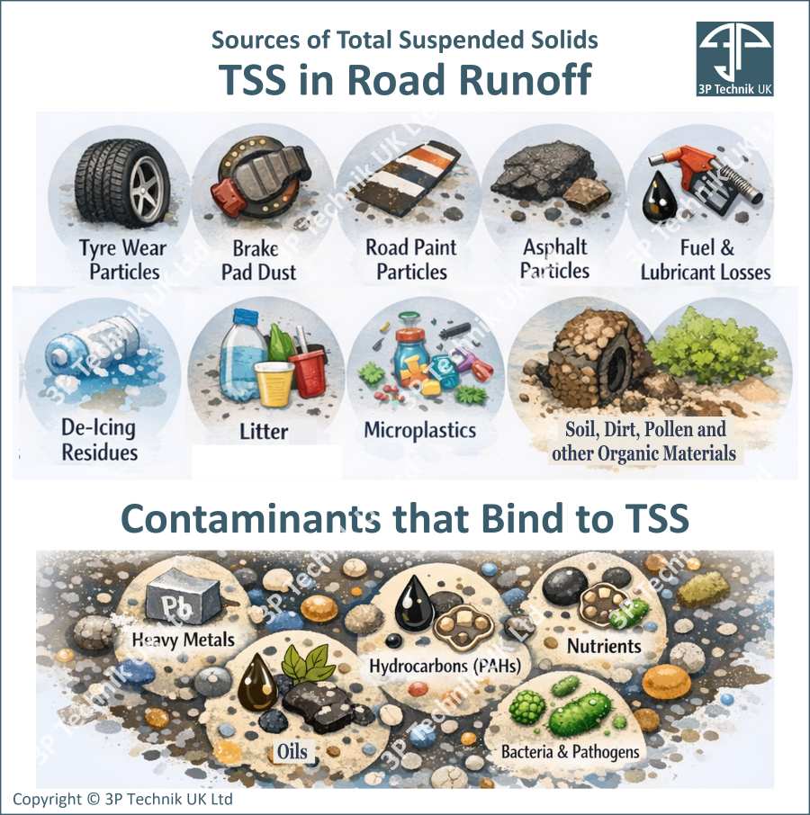 Infographhic: Sources of Total Suspended Solids (TSS) in road run off and contaminants that bind to them.