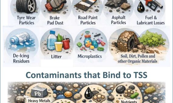Infographhic: Sources of Total Suspended Solids (TSS) in road run off and contaminants that bind to them.