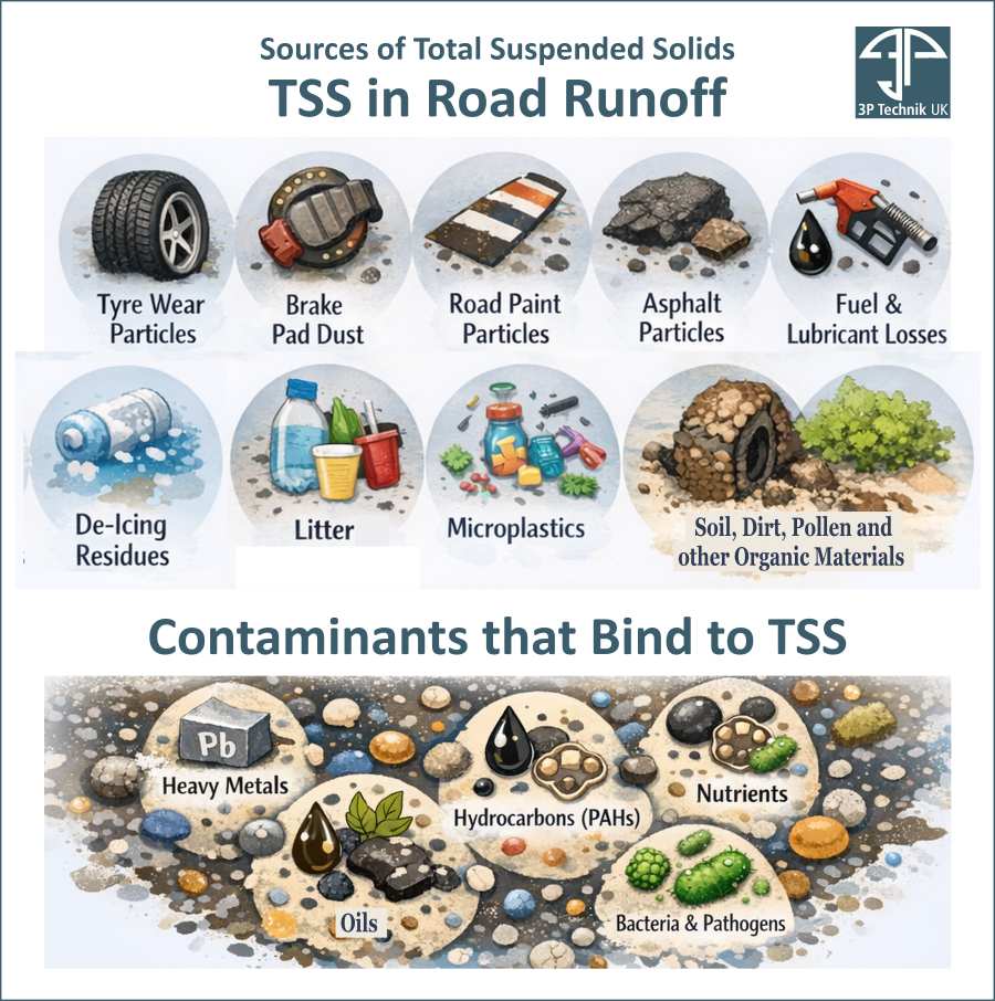 Infographhic: Sources of Total Suspended Solids (TSS) in road run off and contaminants that bind to them.