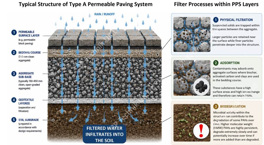 Typical Structure and Filtration Processes within Permeable Pavement Systems