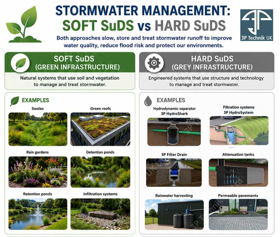 Soft SuDS (Green Infrastructure) and Hard SuDS (Grey Infrastructure) examples