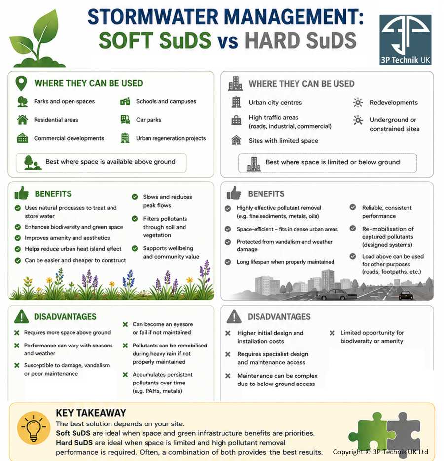 Advantages and Disadvantages of Soft SuDS (Green Infrastructure) and Hard SuDS (Grey Infrastructure) infographic